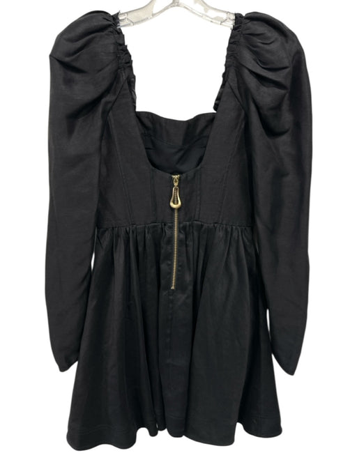Aje. Size 8 Black Linen Blend Long Sleeve Square Neck Back Zip Peplum Dress Black / 8