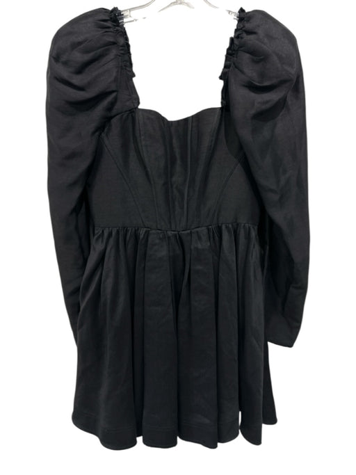 Aje. Size 8 Black Linen Blend Long Sleeve Square Neck Back Zip Peplum Dress Black / 8
