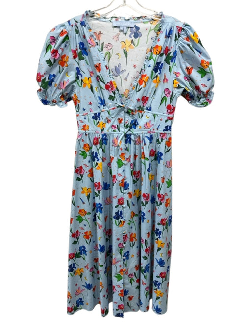 Hill House Size S Blue, Yellow, Multi Cotton Button Up Floral Print V Neck Dress Blue, Yellow, Multi / S