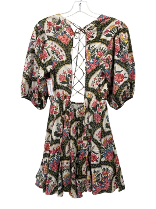 Rhode Size S White, Green, Multi Cotton Short Puff Sleeve Floral Print Dress White, Green, Multi / S