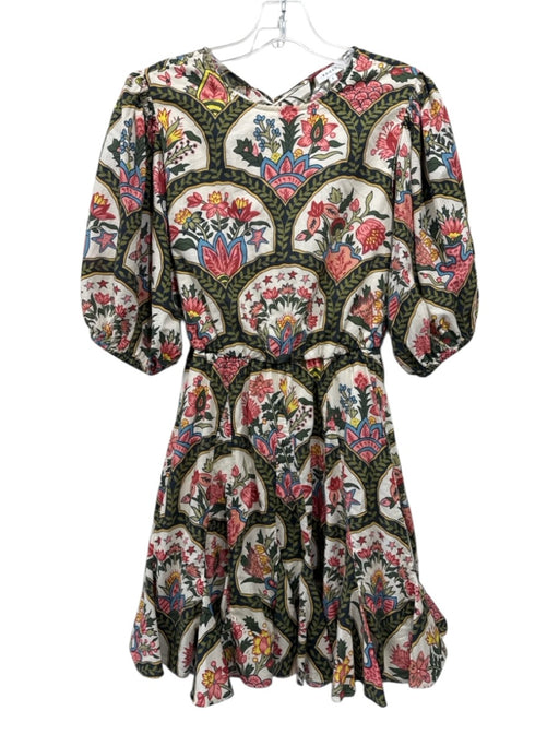 Rhode Size S White, Green, Multi Cotton Short Puff Sleeve Floral Print Dress White, Green, Multi / S