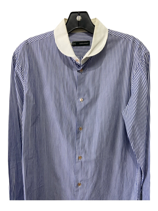 Dsquared Size 48 Blue & White Cotton Striped Banker's Collar Long Sleeve Shirt 48