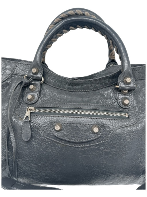 Balenciaga Gray Leather Wrinkle Affect Studded Zip closure Whip Stitch Bag Gray
