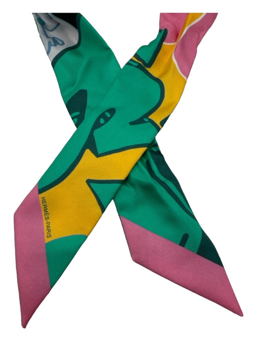 Hermes Green, Pink, Yellow, Black Silk Printed Twilly scarf Green, Pink, Yellow, Black / XXS