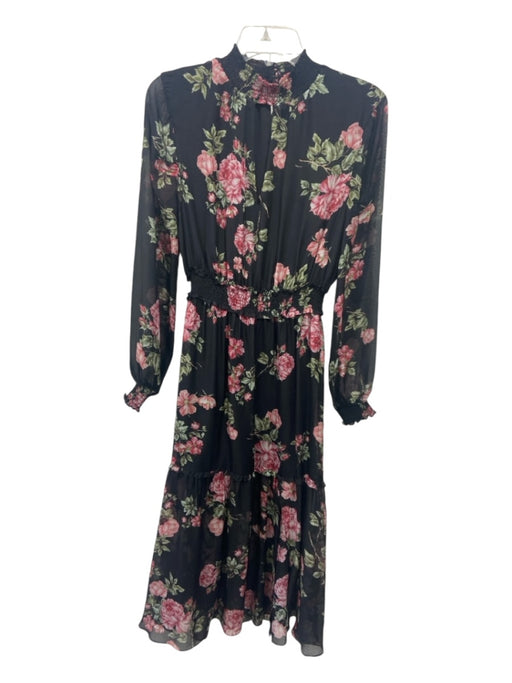 Intermix Size 4 Black Pink Green Silk Floral Elastic Waist Maxi Dress Black Pink Green / 4