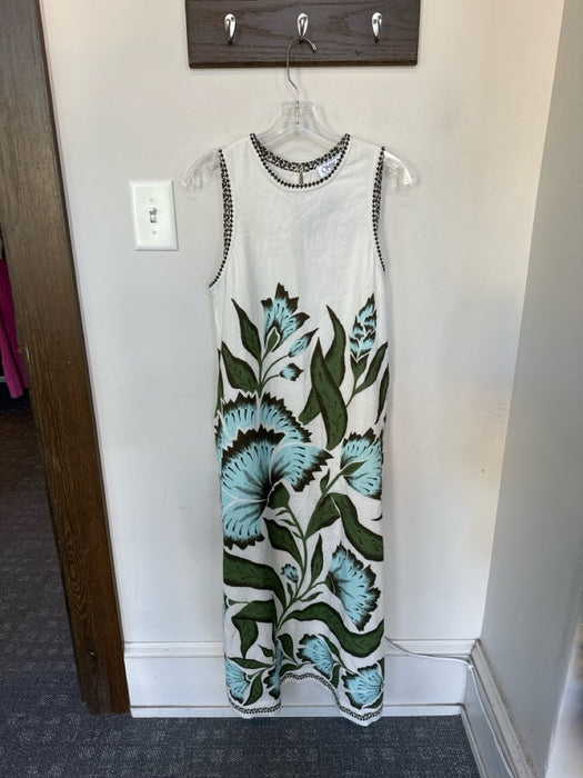 Omika Size S Cream & Green Cotton & Linen Sleeveless Flowers Maxi Dress