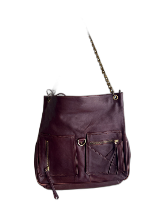 Sorial Dark Brown Leather Zip Pocket Chain Handle Slouchy Bag Dark Brown / Large