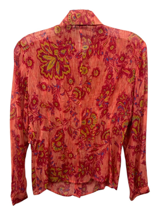 Etcetera Size 4 Coral, Pink, Green Silk Ruffle Long Sleeve Semi Sheer Top Coral, Pink, Green / 4