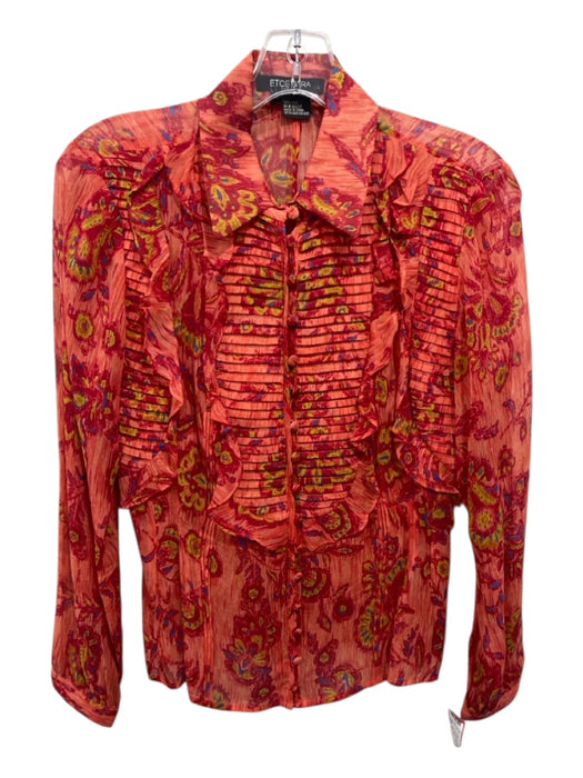 Etcetera Size 4 Coral, Pink, Green Silk Ruffle Long Sleeve Semi Sheer Top Coral, Pink, Green / 4
