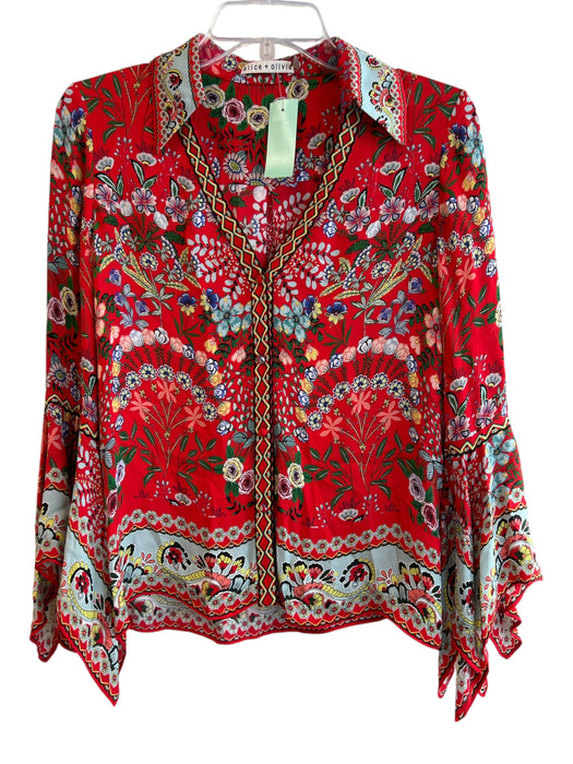 Alice & Olivia Size XS Red & Multi Viscose Long Sleeve Floral Print Collared Top Red & Multi / XS