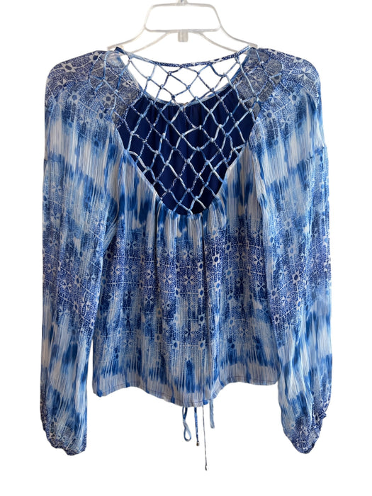 Ramy Brook Size XS Blue & Gray Silk Long Sheer Sleeves Round split neck Top Blue & Gray / XS