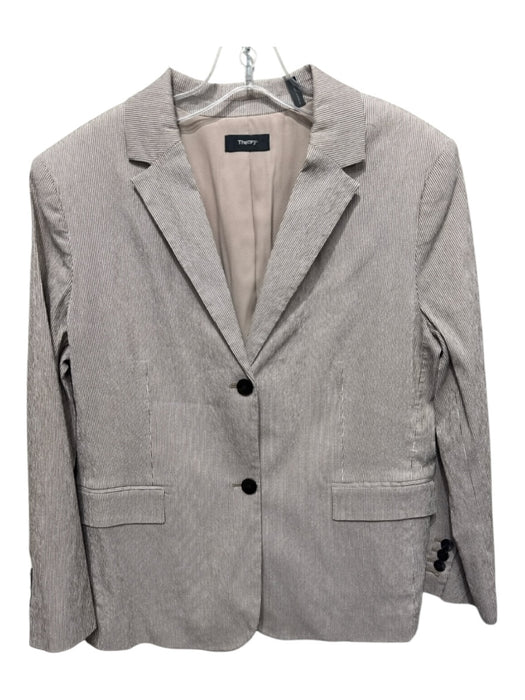 Theory Size 14 Brown & White Cotton Blend Textured Pinstripe Blazer Jacket Brown & White / 14