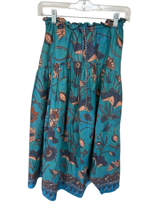 Ulla Johnson Size 0 Turquoise & Amber Elastic Drawstring Floral Maxi Skirt Turquoise & Amber / 0