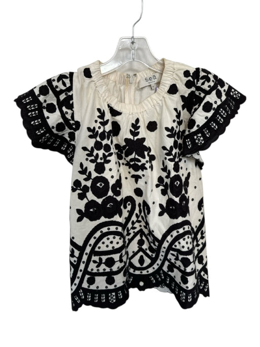Sea New York Size S Cream & Black Cotton Embroidered Floral Scallop Detail Top Cream & Black / S