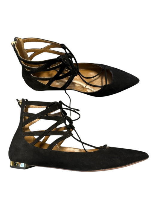 Aquazzura Shoe Size 37 Black Suede Gladiator lace up Pointed Toe Flats Black / 37