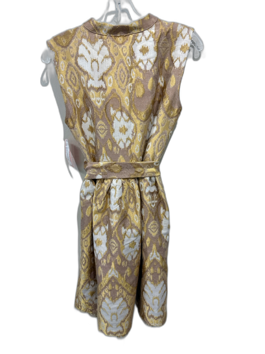 Kasia Size Medium Gold & Beige Cotton Blend Sleeveless Jacquard Split Neck Dress Gold & Beige / Medium
