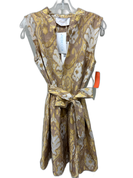 Kasia Size Medium Gold & Beige Cotton Blend Sleeveless Jacquard Split Neck Dress Gold & Beige / Medium