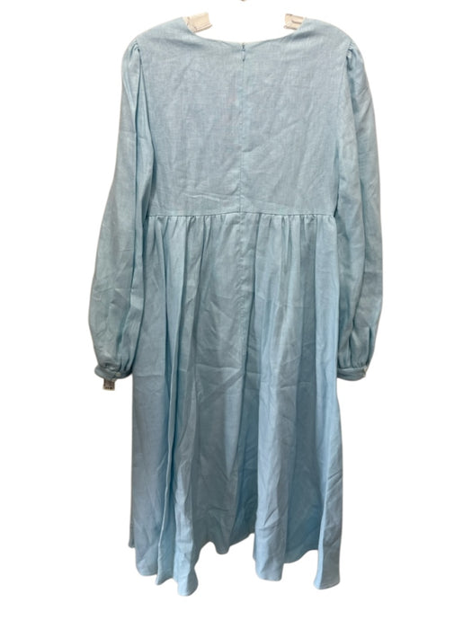 Molly Moorkamp Size 6 Light Blue Linen Long Sleeve Gathered V Neck Maxi Dress Light Blue / 6