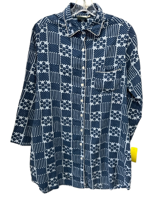 Julia Amory Size Small Navy & Light Blue Cotton Long Sleeve Block Print Top Navy & Light Blue / Small