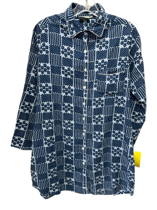 Julia Amory Size Small Navy & Light Blue Cotton Long Sleeve Block Print Top Navy & Light Blue / Small