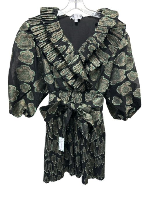 Buru Size Small Black, Green, Beige Polyester Blend Long puff sleeve Dress Black, Green, Beige / Small