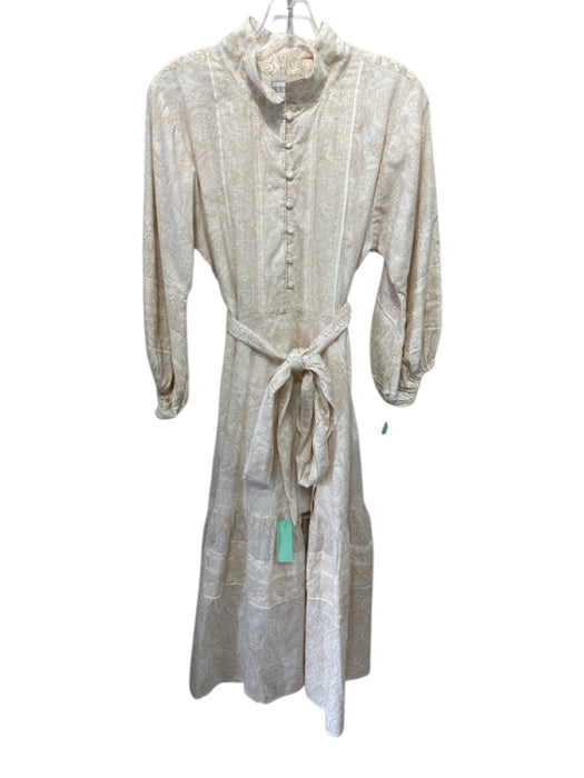 Sue Sartor Size Medium Tan & White Cotton Long puff sleeve Floral Print Dress Tan & White / Medium