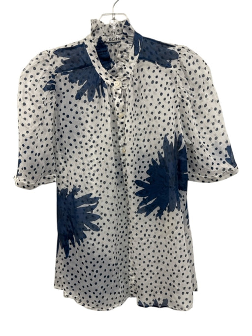 Alix of Bohemia Size XS White & Blue Viscose Polka Dots Button Front Floral Top White & Blue / XS