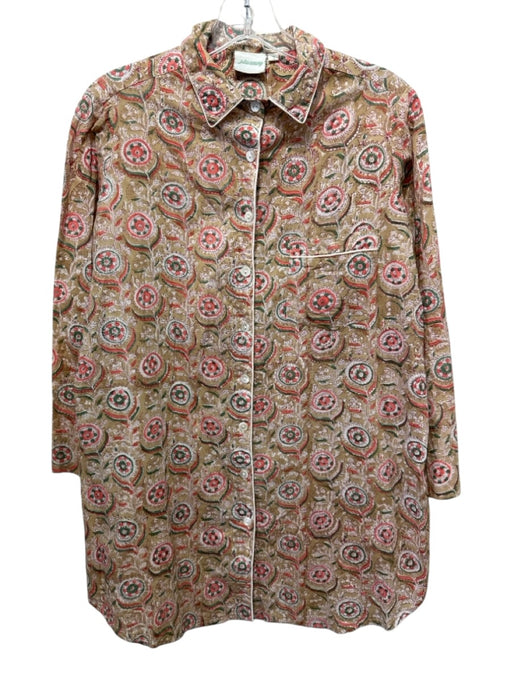 Julia Amory Size S Beige, Pink, Green Cotton Long Sleeve Floral Print Collar Top Beige, Pink, Green / S