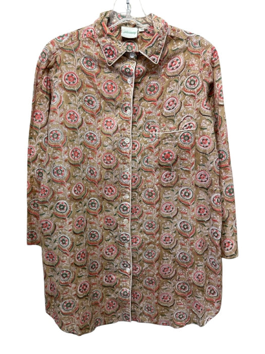 Julia Amory Size S Beige, Pink, Green Cotton Long Sleeve Floral Print Collar Top Beige, Pink, Green / S