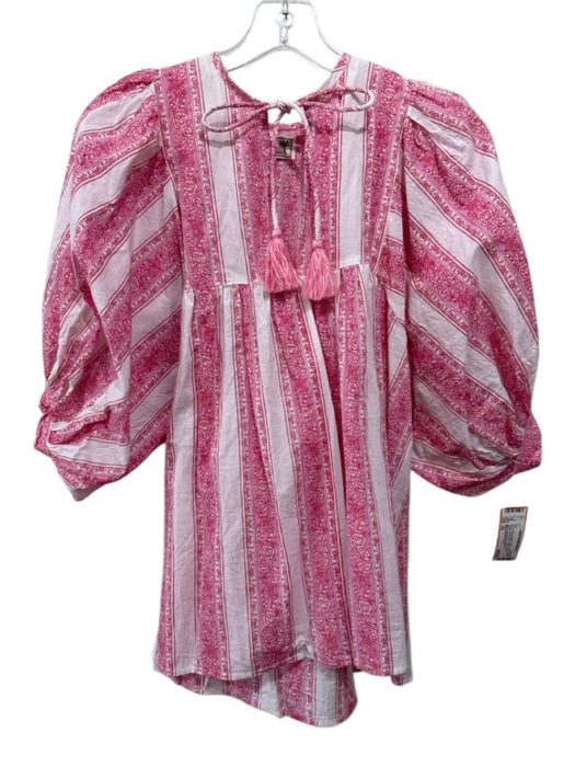 Mille Resort & Travel Size XS Pink & White Cotton Short Balloon Sleeve Top Pink & White / XS