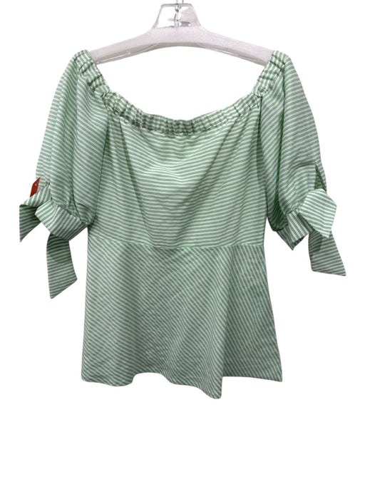Pearl by Lela Rose Size 6 Green & White Cotton & Silk Short Puff Sleeve Top Green & White / 6