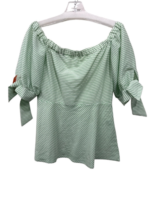 Pearl by Lela Rose Size 6 Green & White Cotton & Silk Short Puff Sleeve Top Green & White / 6