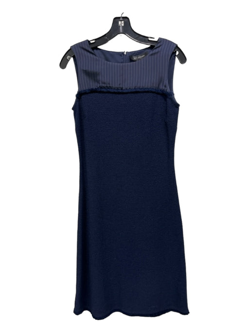 St. John Size 2 Navy Blue Print Wool & Rayon Pinstripe Raw Edge Sleeveless Dress Navy Blue Print / 2