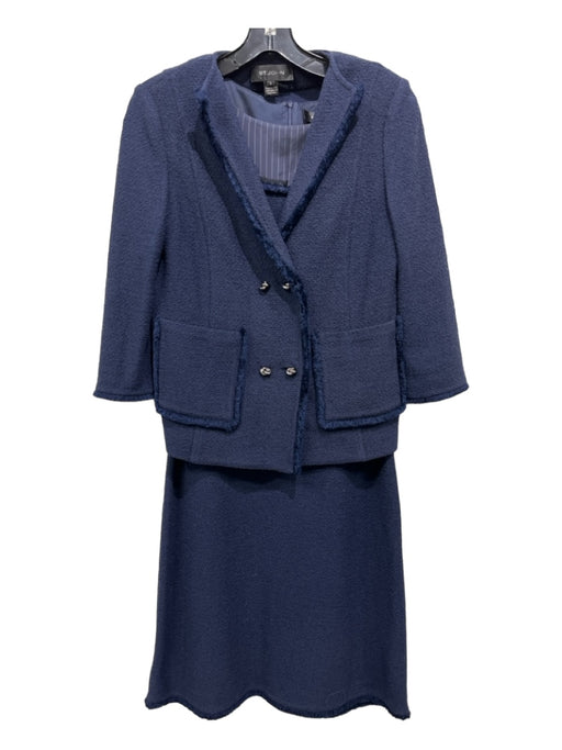 St. John Size 2 Navy Blue Print Wool & Rayon Pinstripe Raw Edge Sleeveless Dress Navy Blue Print / 2