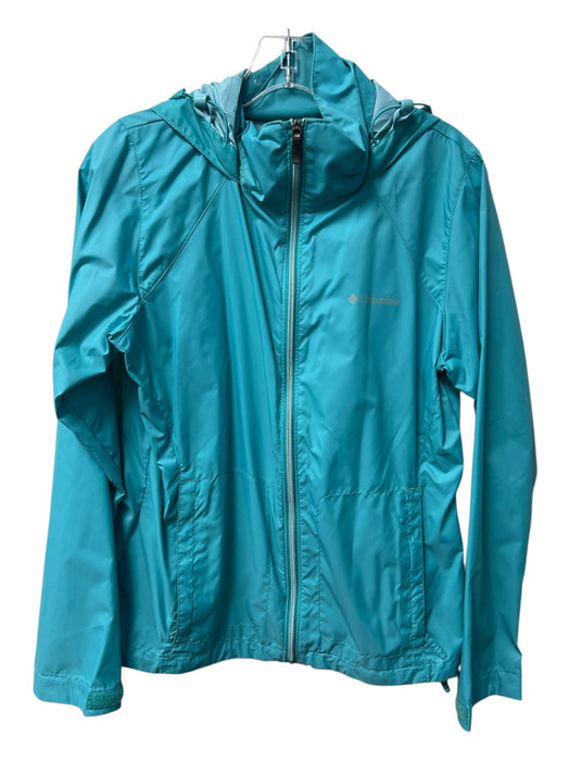 Columbia Size M Aqua Nylon Hood Zip Up Front Pocket Windbreaker Jacket Aqua / M