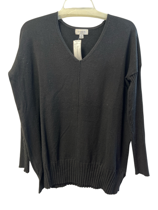 Evereve Size S Black Viscose Blend V Neck Long Sleeve Knit Ribbed Detail Top Black / S