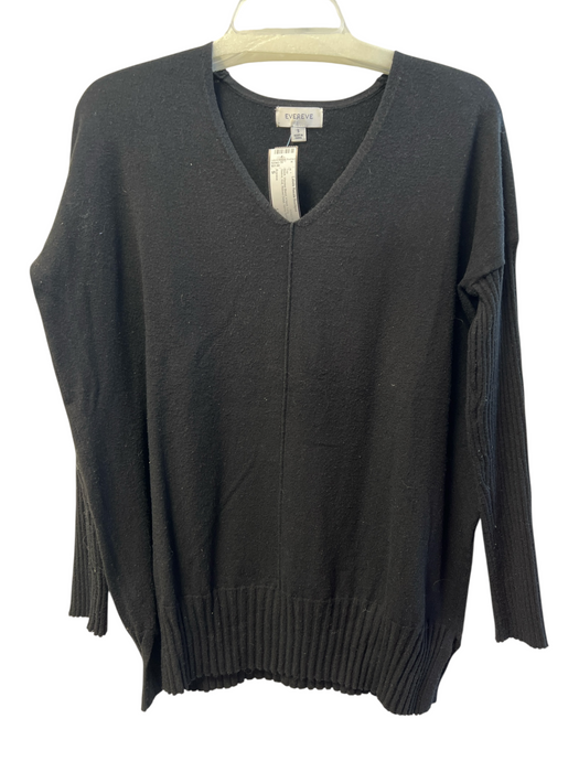 Evereve Size S Black Viscose Blend V Neck Long Sleeve Knit Ribbed Detail Top Black / S