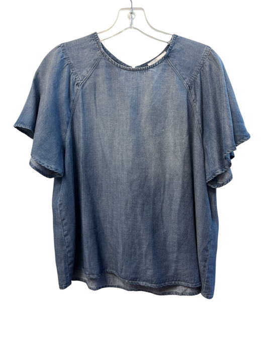 Evereve Size M Blue Lyocell Denim Round Neck Back button Short Sleeve Top Blue / M