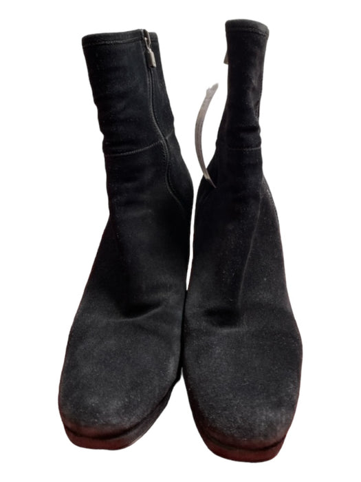 Prada Shoe Size Est 7 Black Suede Side Zip Bootie Semi Wedge Side Stripe Shoes Black / Est 7