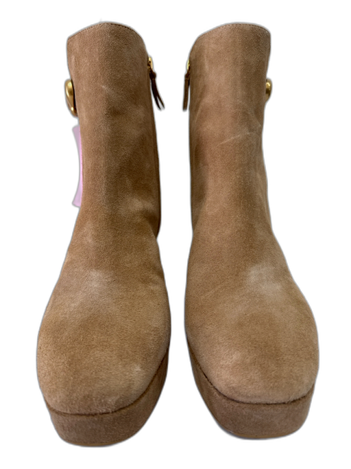Larroude Shoe Size 9.5 Tan Leather goldtone hardware Block Heel Suede Boots Tan / 9.5