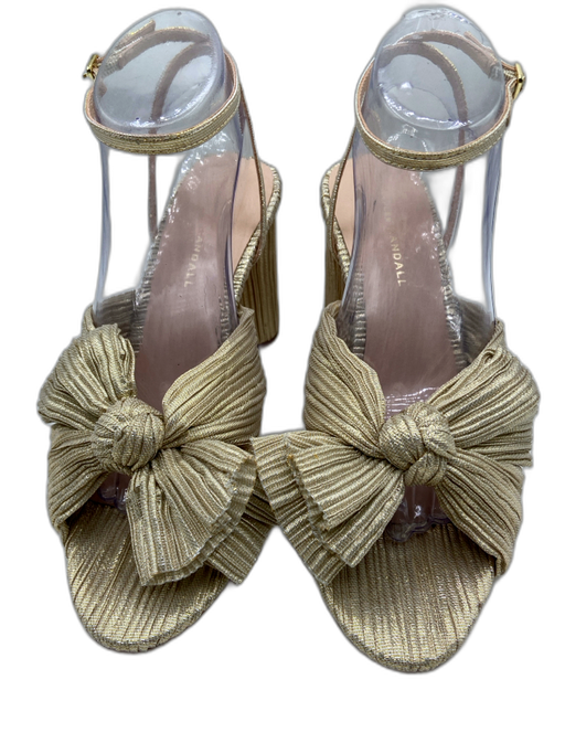 Loeffler Randall Shoe Size 9.5 Gold Lame Pleated Block Heel Penny Knot Sandals Gold / 9.5