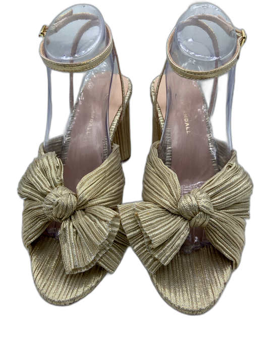Loeffler Randall Shoe Size 9.5 Gold Lame Pleated Block Heel Penny Knot Sandals Gold / 9.5