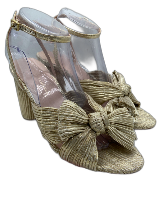 Loeffler Randall Shoe Size 9.5 Gold Lame Pleated Block Heel Penny Knot Sandals Gold / 9.5