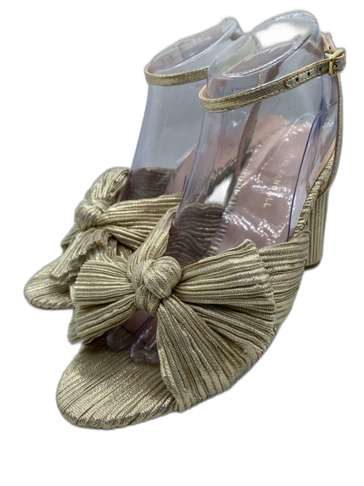 Loeffler Randall Shoe Size 9.5 Gold Lame Pleated Block Heel Penny Knot Sandals Gold / 9.5