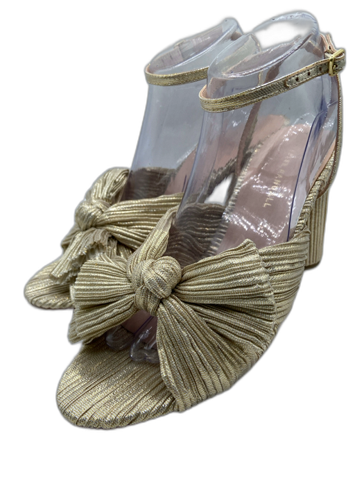 Loeffler Randall Shoe Size 9.5 Gold Lame Pleated Block Heel Penny Knot Sandals Gold / 9.5