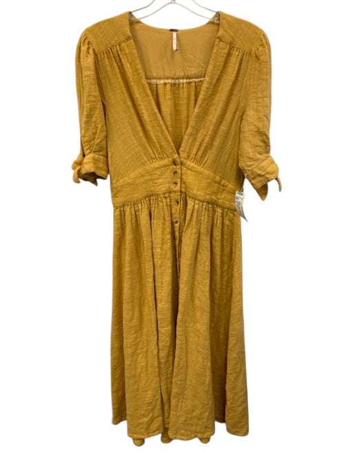 Free People Size S Yellow Cotton & Modal Short Sleeve Tie Sleeve V Neck Dress Yellow / S