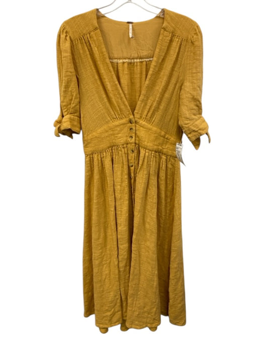 Free People Size S Yellow Cotton & Modal Short Sleeve Tie Sleeve V Neck Dress Yellow / S