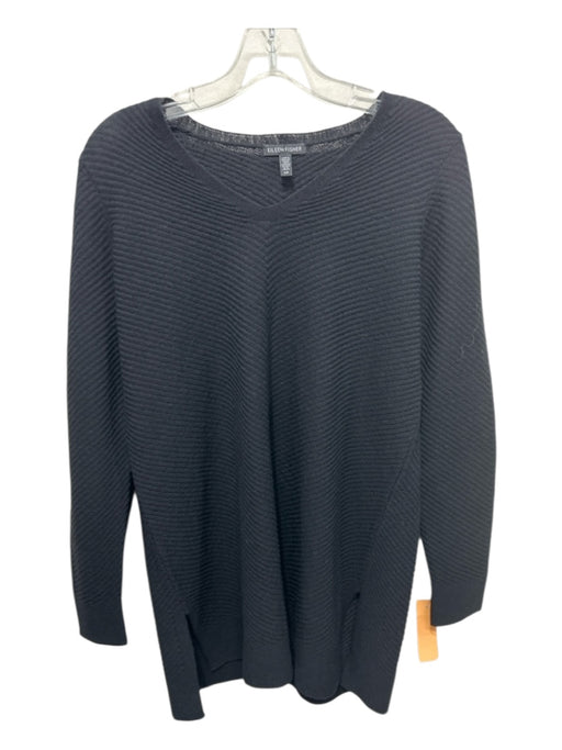 Eileen Fisher Size S/P Black Merino Wool V Neck Ribbed Side Slit Sweater Black / S/P