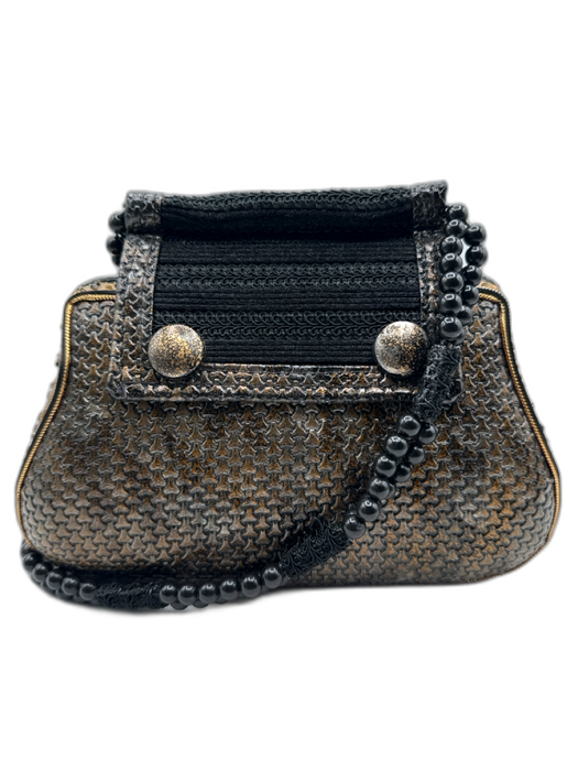 Mary Frances Black & Gold Beaded Magnetic  Flap Metallic Tassel Bag Black & Gold / S