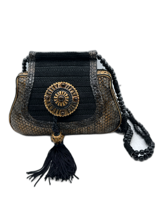 Mary Frances Black & Gold Beaded Magnetic  Flap Metallic Tassel Bag Black & Gold / S